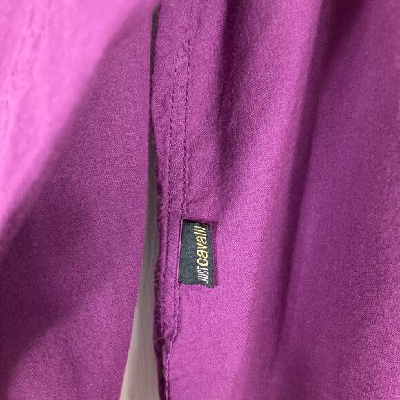 JUST CAVALLI Shirt XL ITALY Graphic Logo Pleat Purple Long Sleeve Button Cotton - Picture 8 of 10